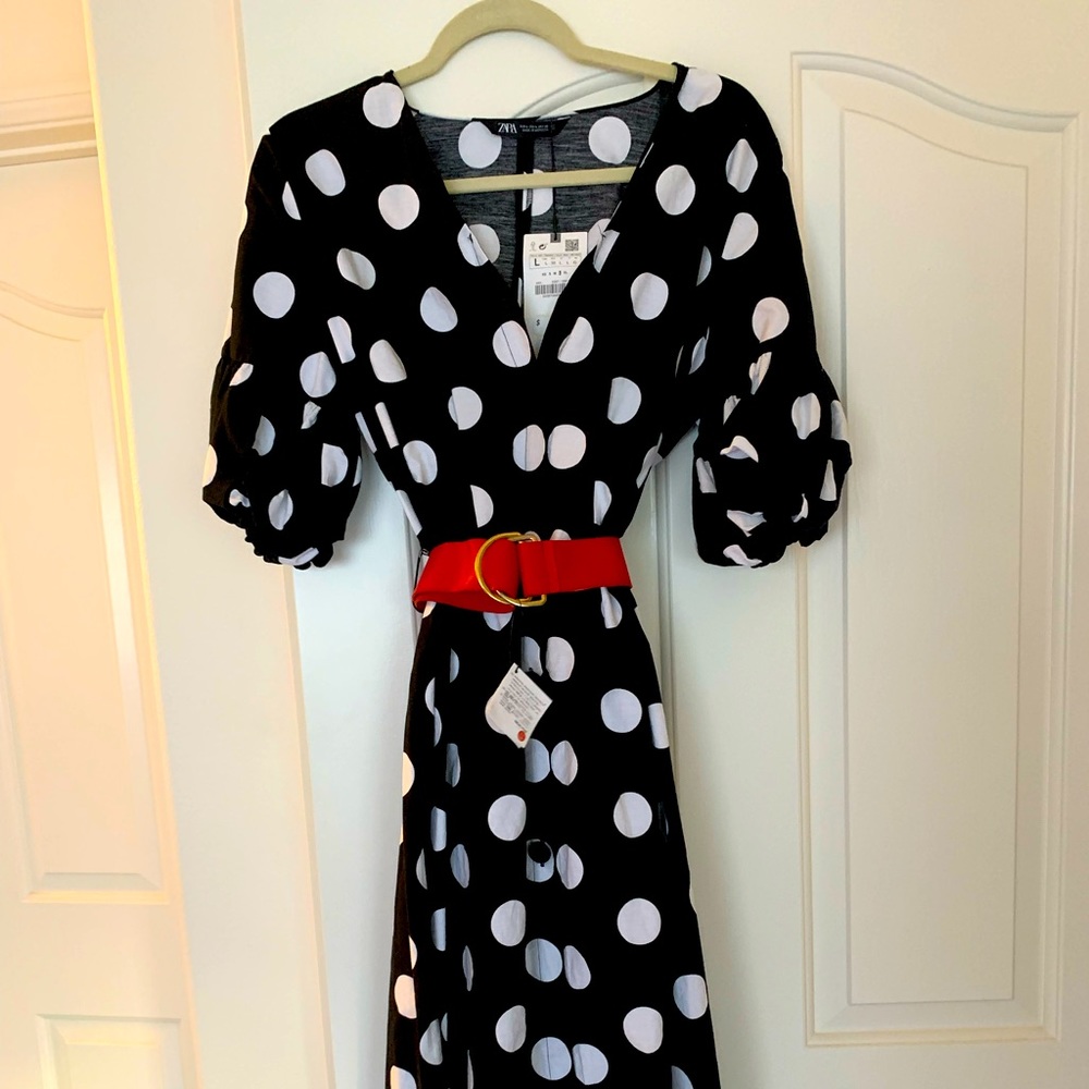Zara blue and white polka dot buttoned midi dress with red belt accent.